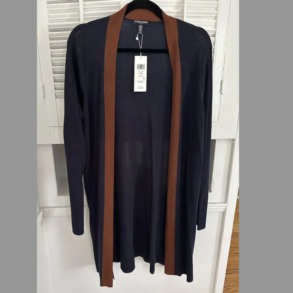 NWT Eileen Fisher Long Open Cardigan Navy/Brown Stripe - Petite Large ($… - Picture 2 of 5